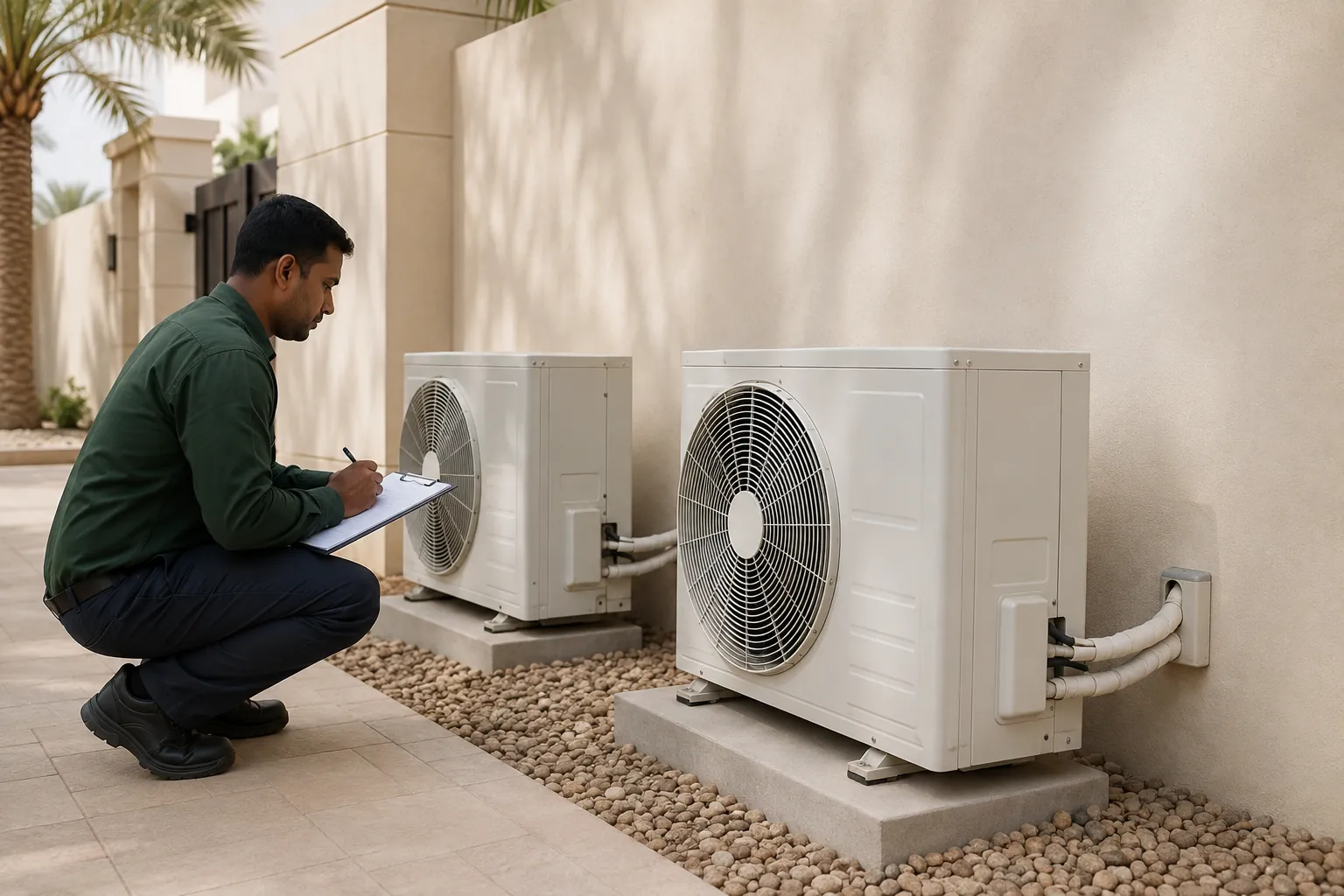 A technician recording villa AC maintenance observations.