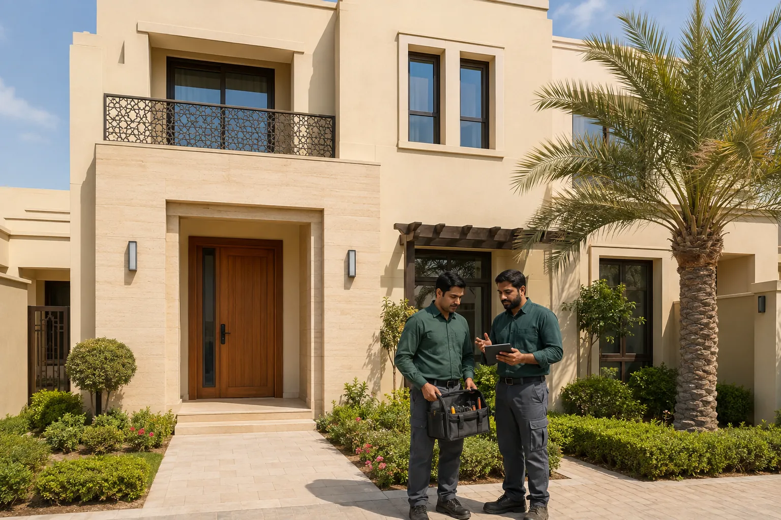 Maintenance technicians discussing work outside a Dubai villa.